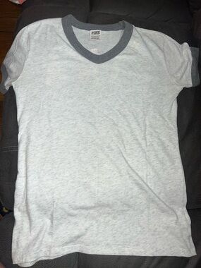 PINK Victoria's Secret Light Gray V-Neck Ringer Tee with Dark Gray Trim